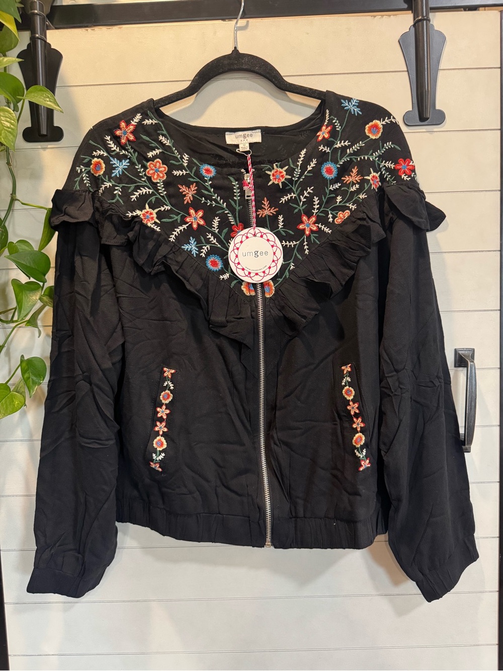 Umgee Black Embroidered Ruffle Zip Bomber Jacket